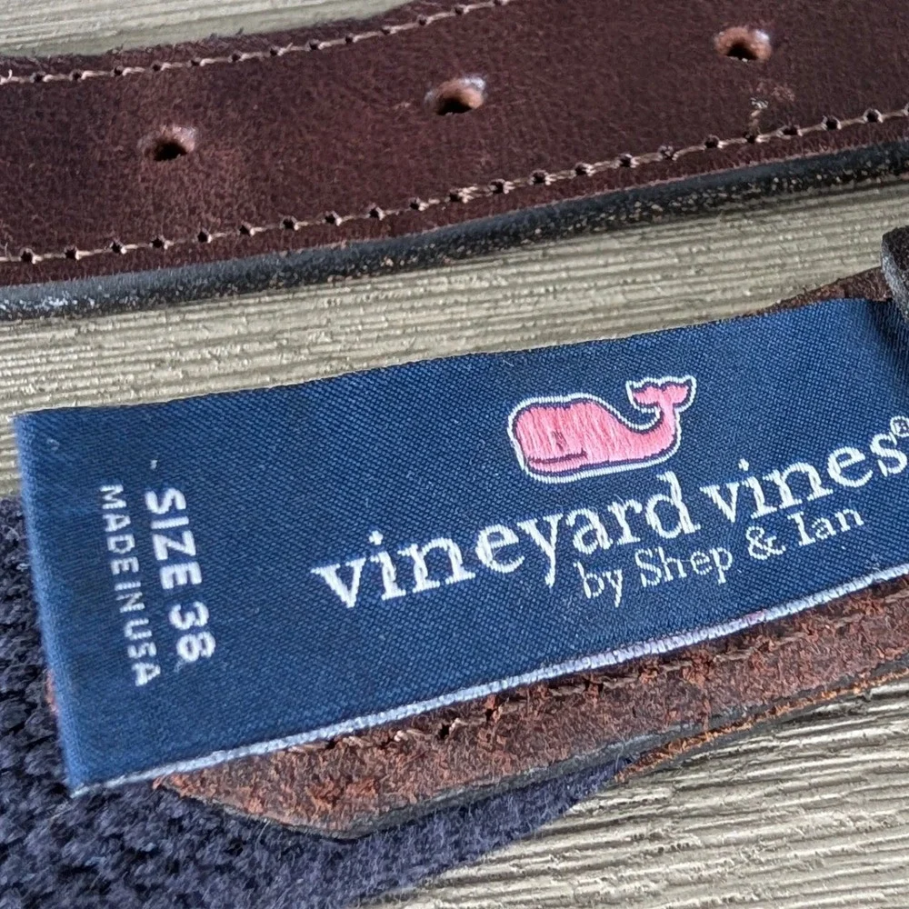 Vineyard Vines Mens Gingham Canvas Club Belt Brown Leather Brass Buckle Size 38